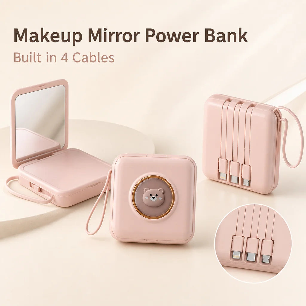 Mini Power Bank 20000mAh Portable Charger with Built-in 4 Cables Makeup Mirror Cute Pet Cartoon External Battery