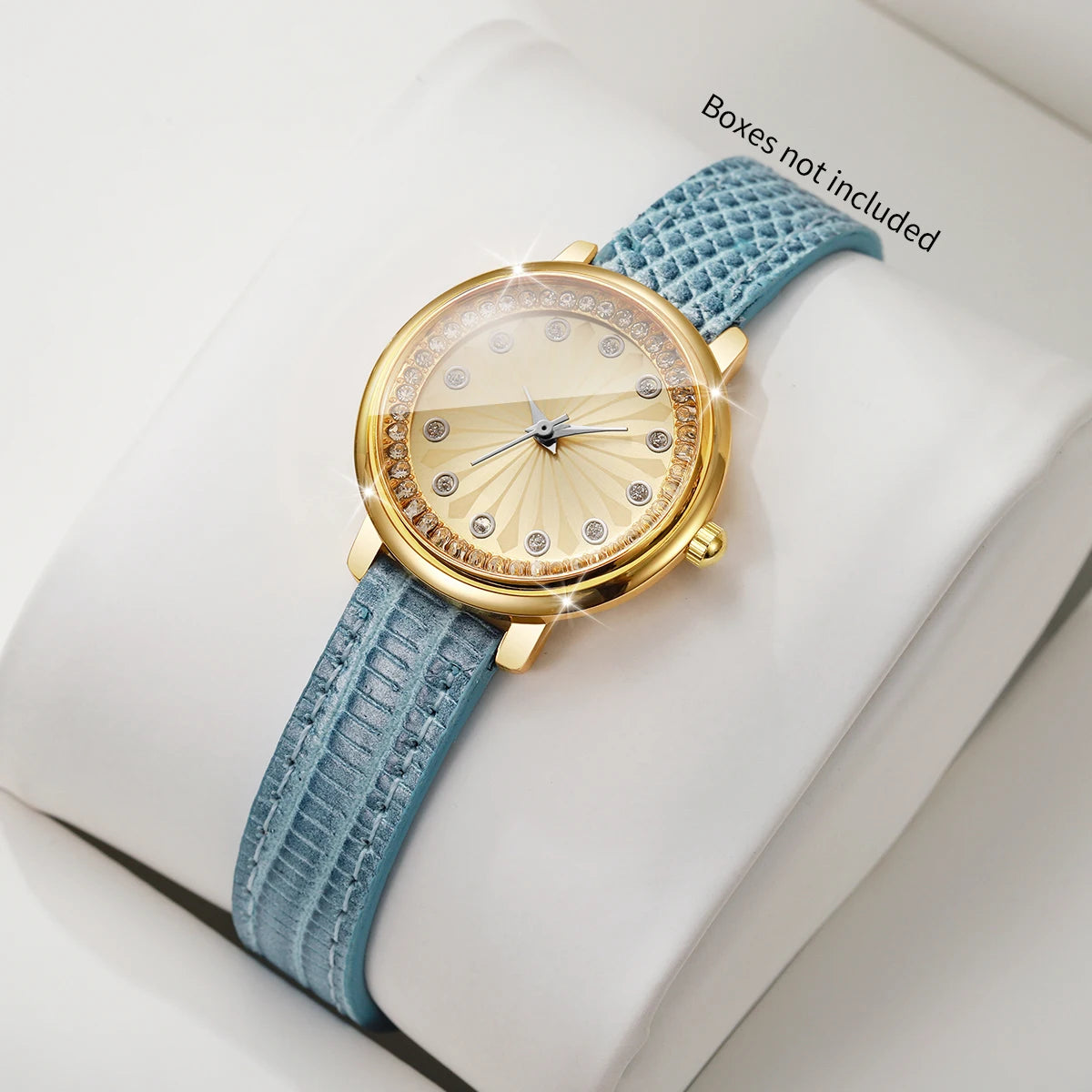 Elegant Women's Rhinestone Quartz Watch – Blue Leather Strap Ladies Wristwatch