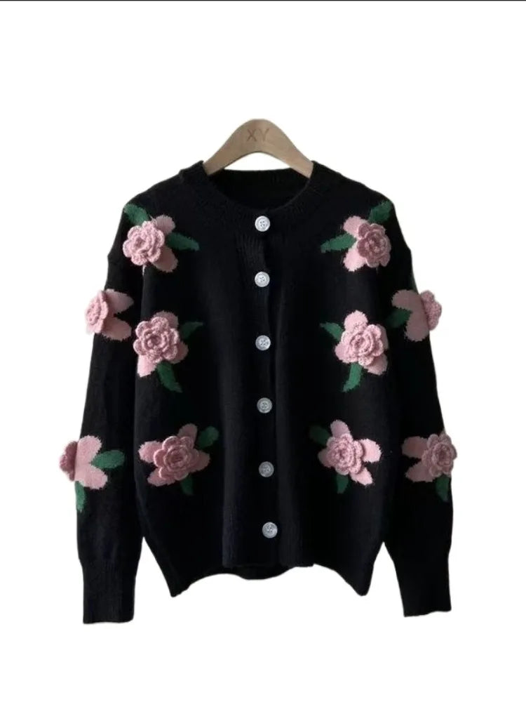 Casual Sweater Female 2025 Cardigan Women Sweater Loose Outer Coat Long Sleeve 3D Flower Round Neck Knitted Cardigan Female