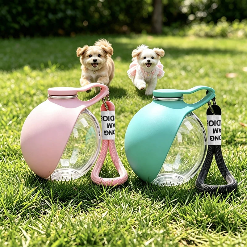 Stainless steel pet water bottle with pink and blue foldable bowls for outdoor preparation,