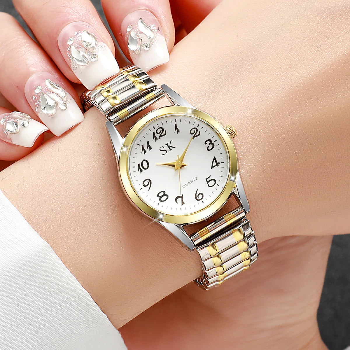 Elegant Elastic Strap Women's Quartz Watch – Small Arabic Dial Ladies Wristwatch Set