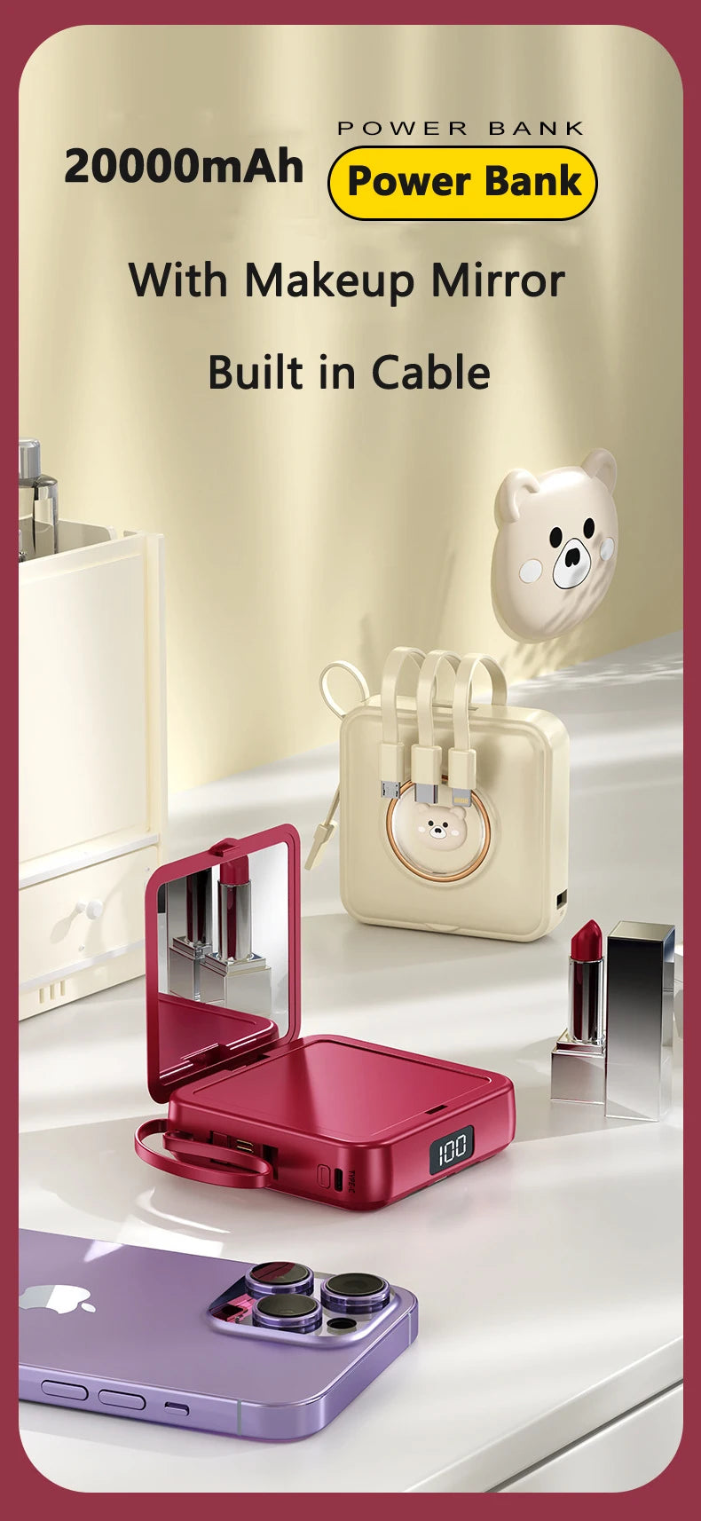 Mini Power Bank 20000mAh Portable Charger with Built-in 4 Cables Makeup Mirror Cute Pet Cartoon External Battery