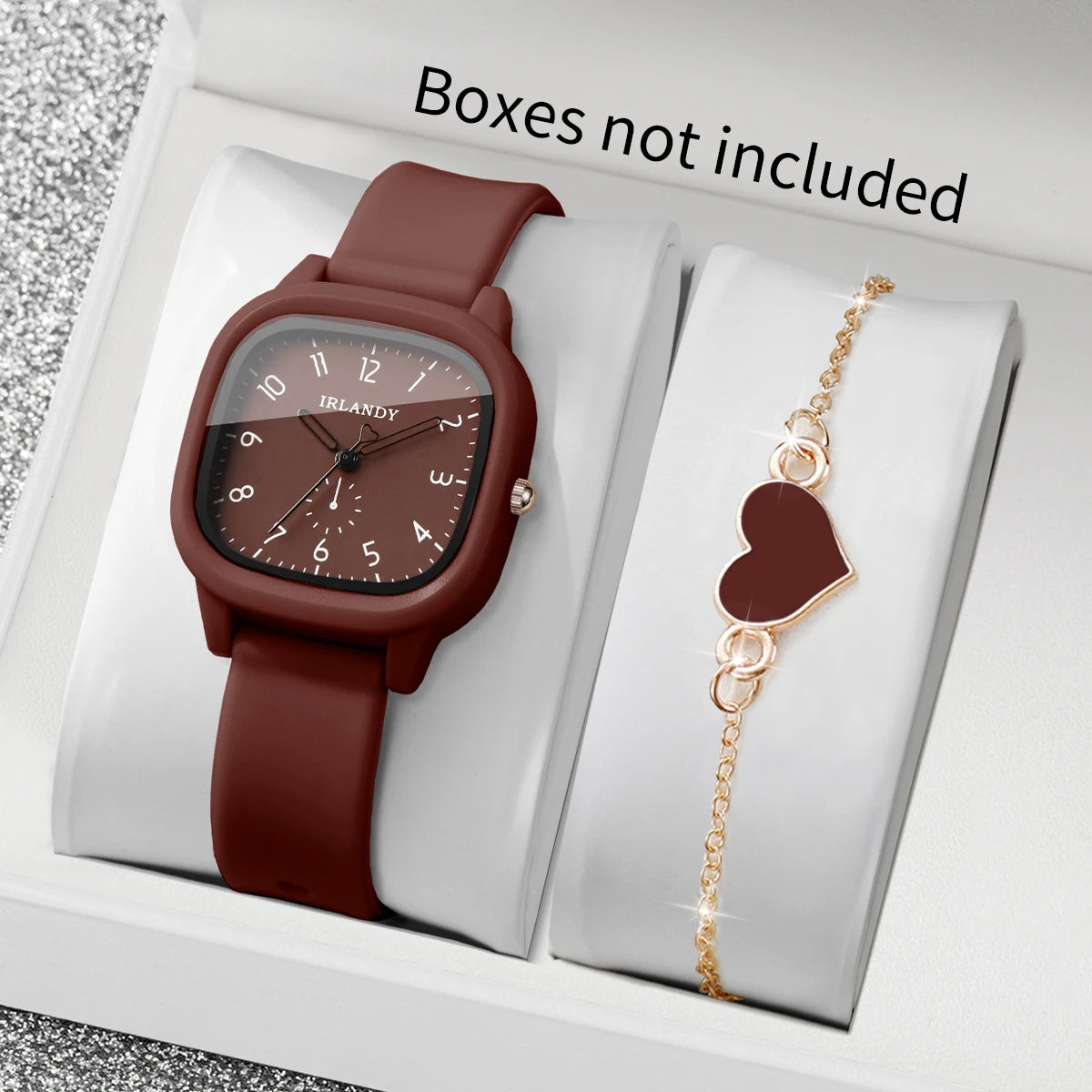 Fashion Arabic Dial Women's Quartz Watch & Heart Bracelet Set – 2PCS Square Silicone Wristwatch