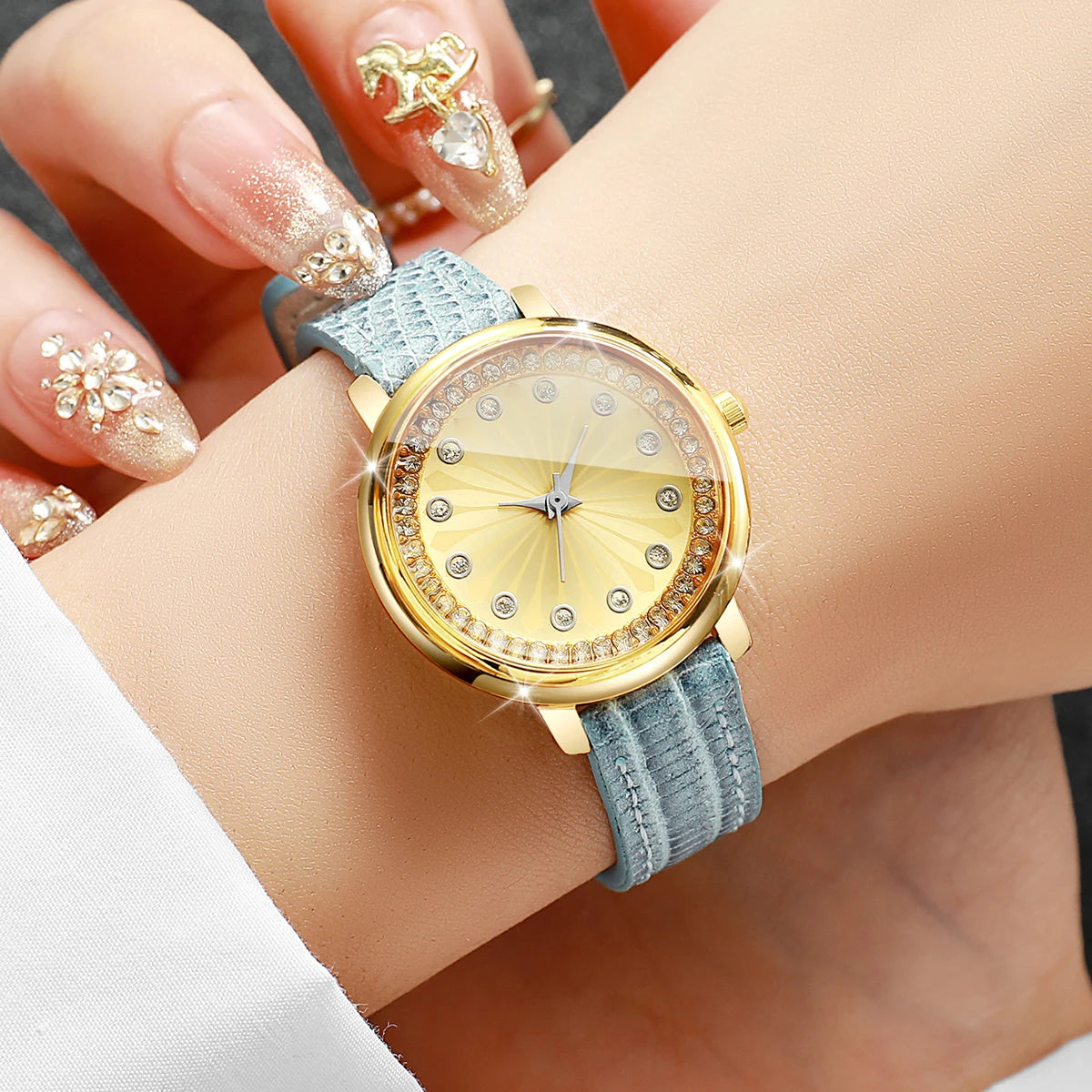 Elegant Women's Rhinestone Quartz Watch – Blue Leather Strap Ladies Wristwatch