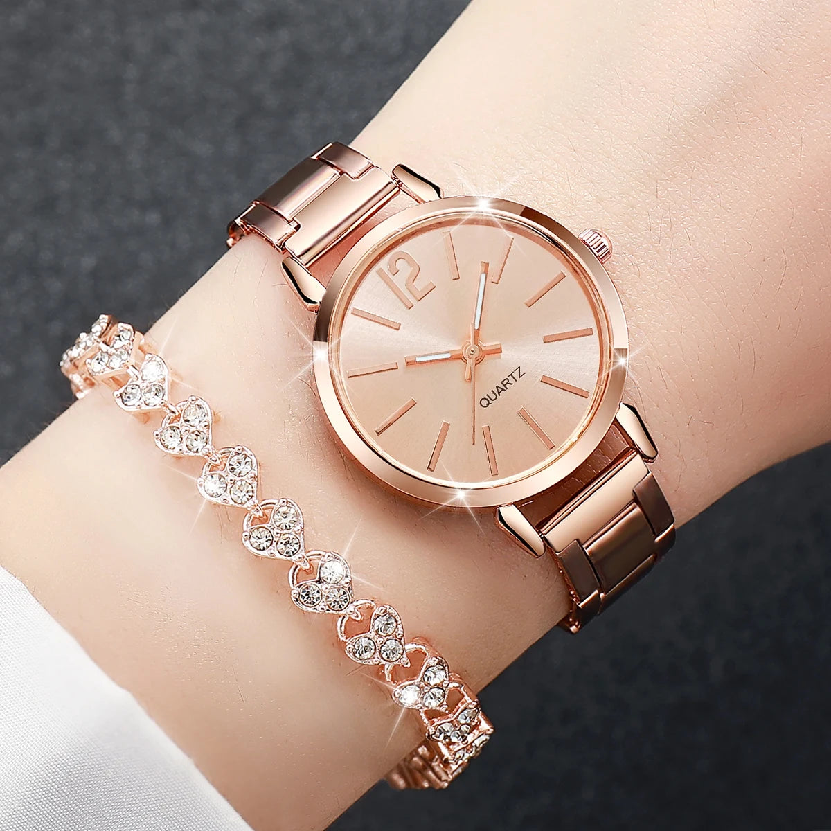 Women's Steel Band Quartz Watch & Diamond Bracelet Set – 6PCS Fashion Wristwatch