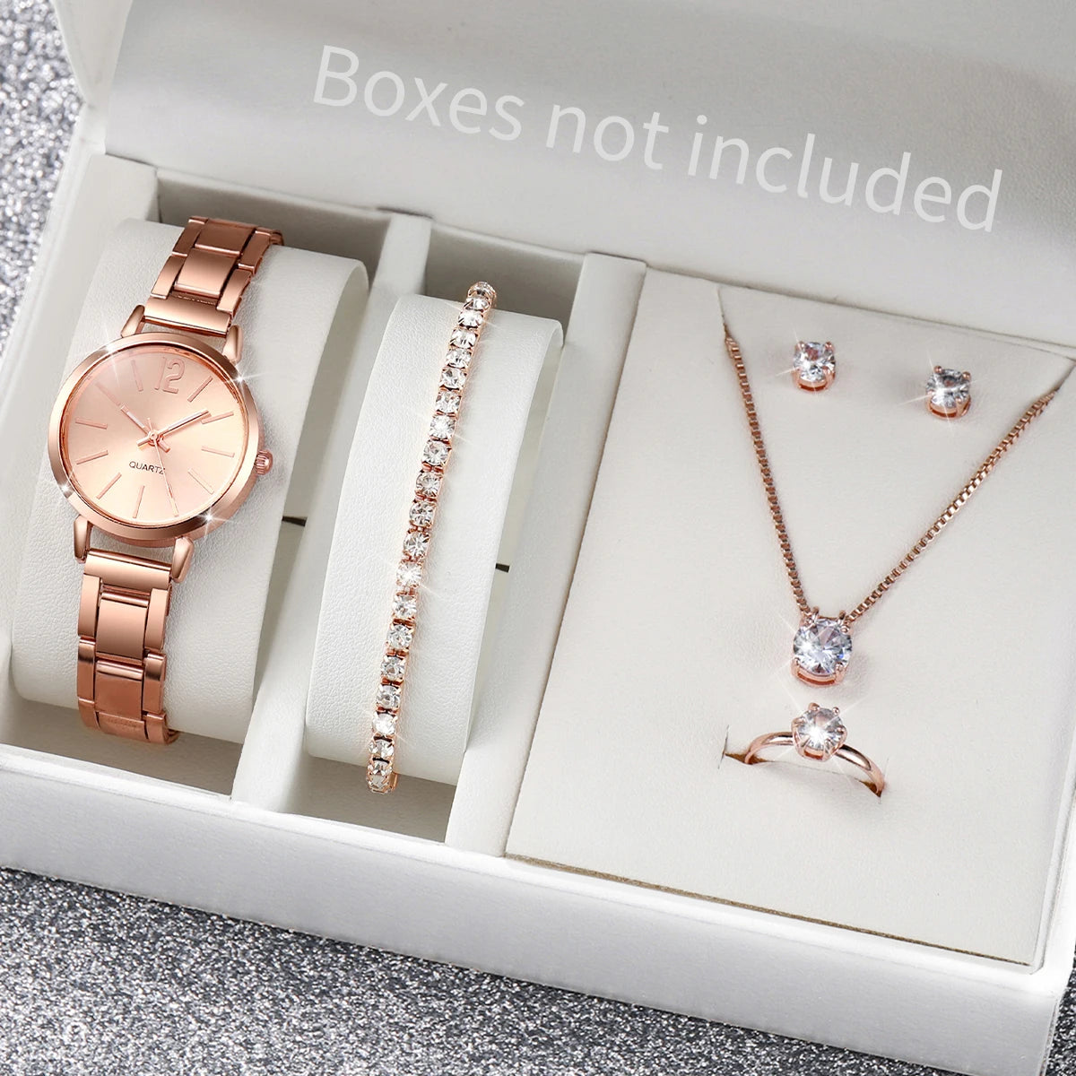 Women's Stainless Steel Quartz Watch & Diamond Jewelry Set – 6PCS Fashion Wristwatch