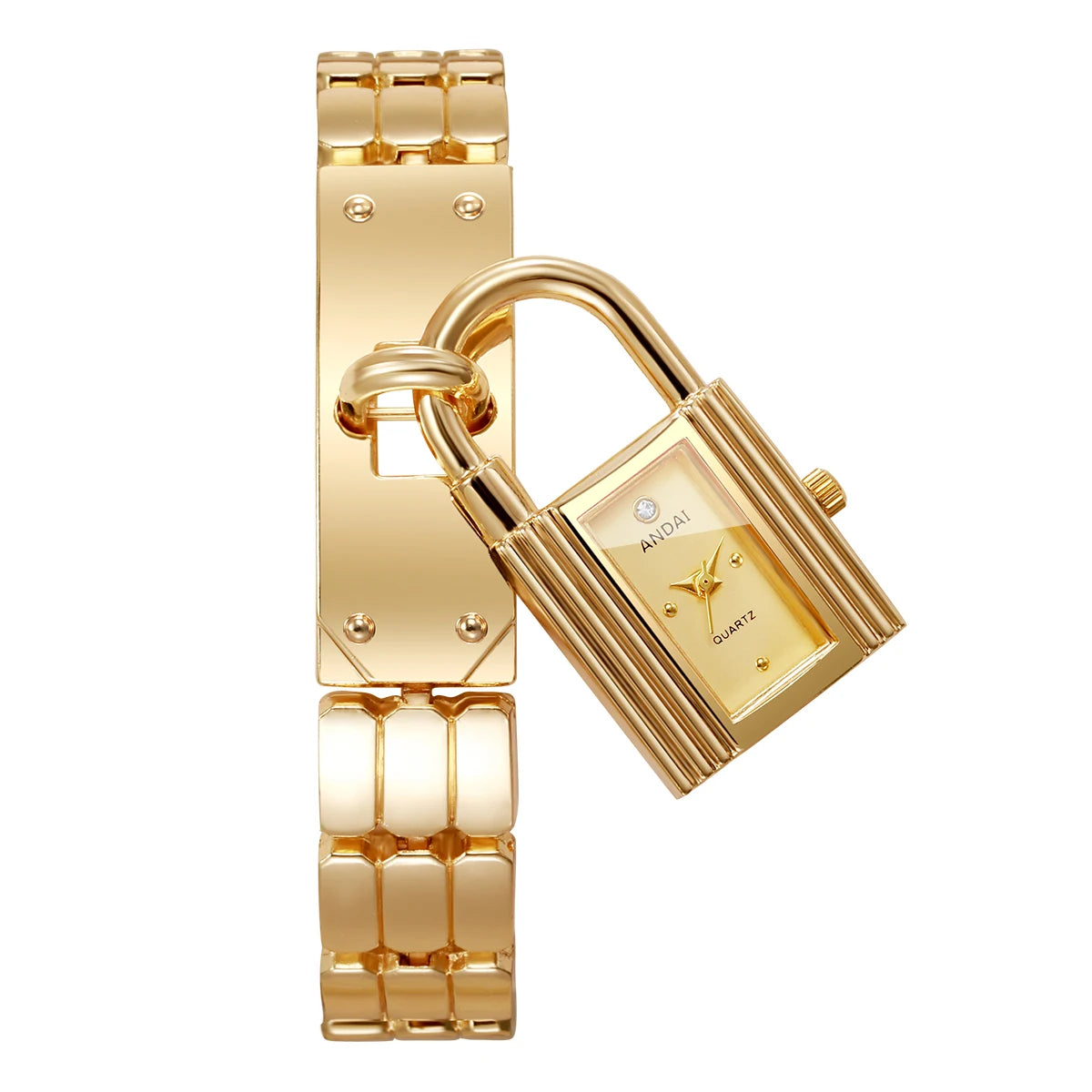 Unique Lock Shape Pendant Women's Quartz Watch – Golden Bracelet Strap Dress Wristwatch
