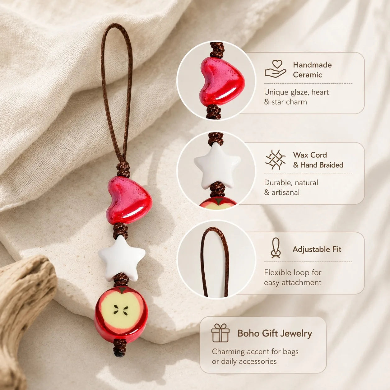 Handmade Ceramic Heart Star Apple Bag Charm – Braided Wax Cord Everyday Accessory