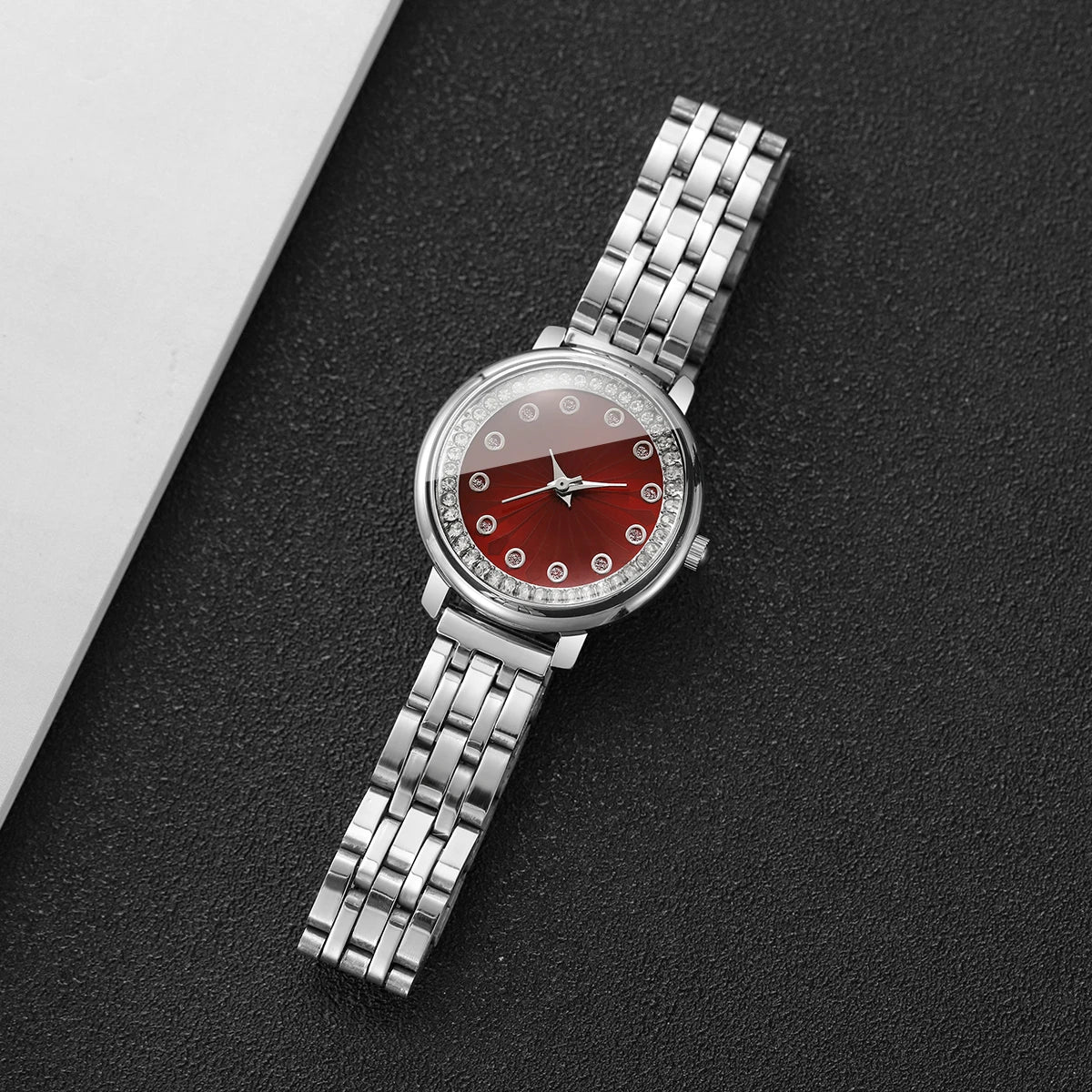 Luxury Red Dial Rhinestone Women's Quartz Watch – Stainless Steel Elegant Wristwatch