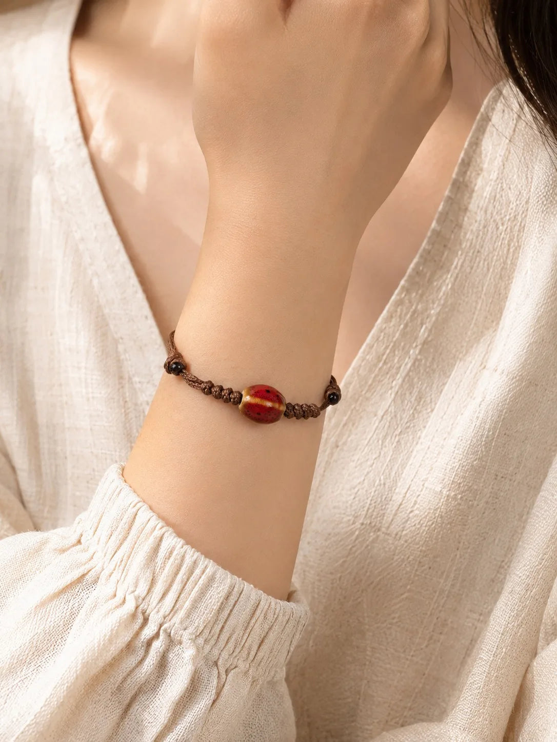 Handmade Floral Glaze Faceted Ceramic Bracelet – Adjustable Wax Cord Jewelry Gift