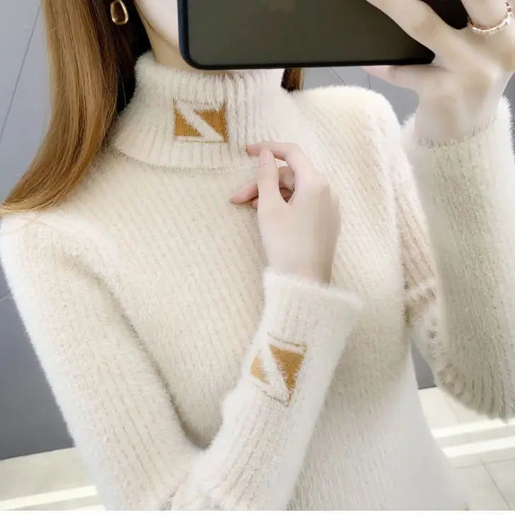 High Collar Pullover Sweater Women Mink Letter Jacquard Underlay Solid Western Knit Undercoat Autumn Winter Pullover Sweater