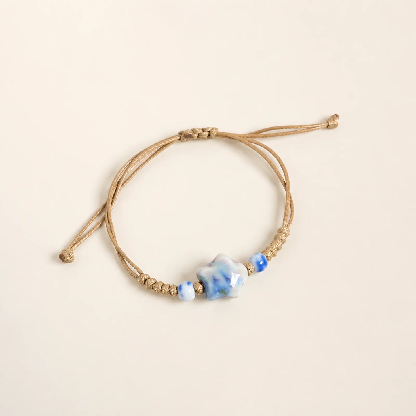 Handmade Blue & Green Star Ceramic Bead Bracelet – Adjustable Woven Wax Cord Artisan Jewelry