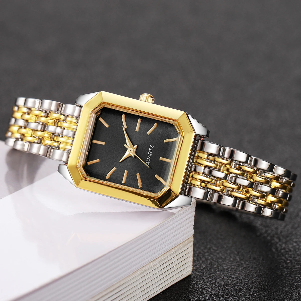 Fashion Rectangle Women's Quartz Watch Set – Casual Alloy Strap Ladies Wristwatch 2PCS