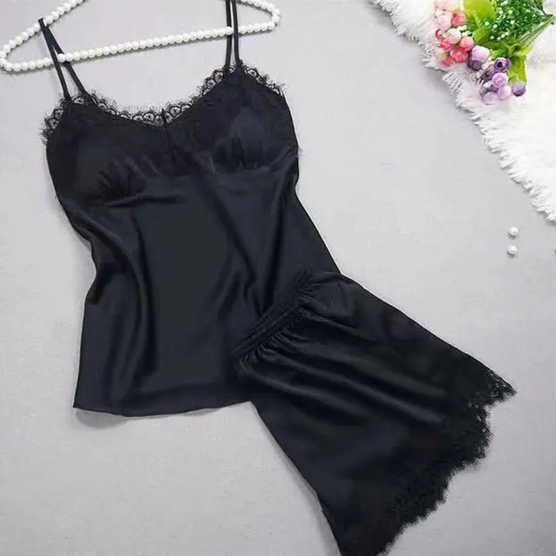Sexy 2-piece halter pajamas with lace camisole and shorts. Comfortable and breathable.