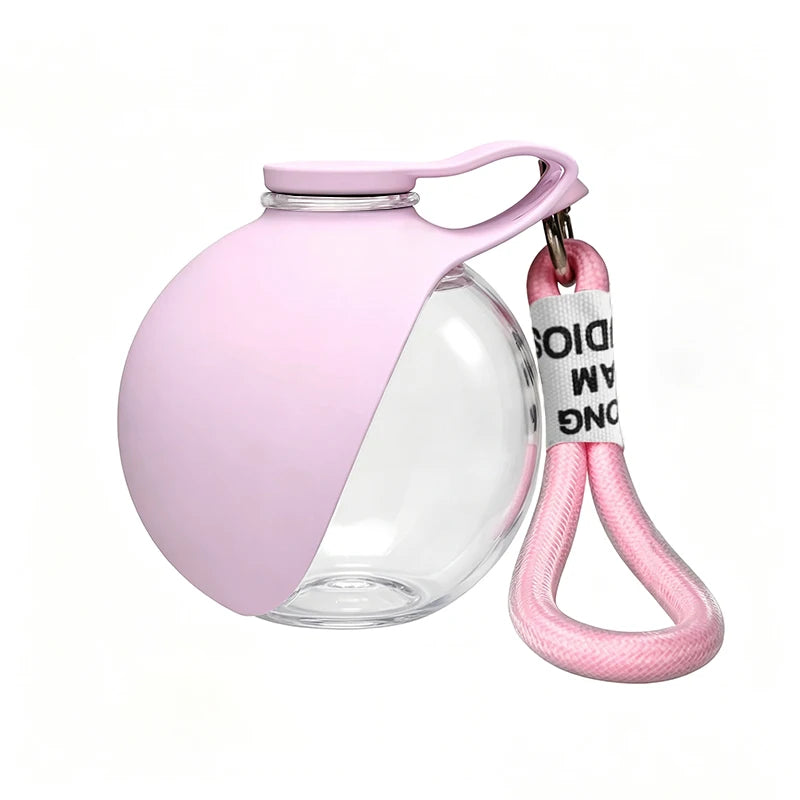 Stainless steel pet water bottle with pink and blue foldable bowls for outdoor preparation,