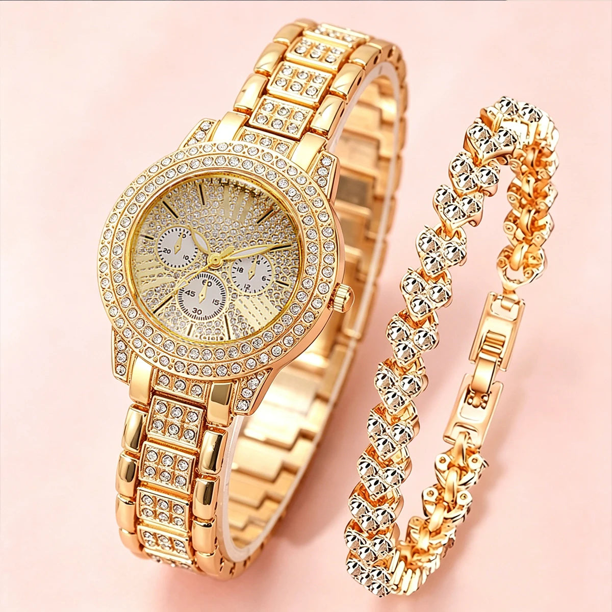 Luxury Full Diamond Women's Quartz Watch & Heart Bracelet Set – 2PCS Ladies Wristwatch