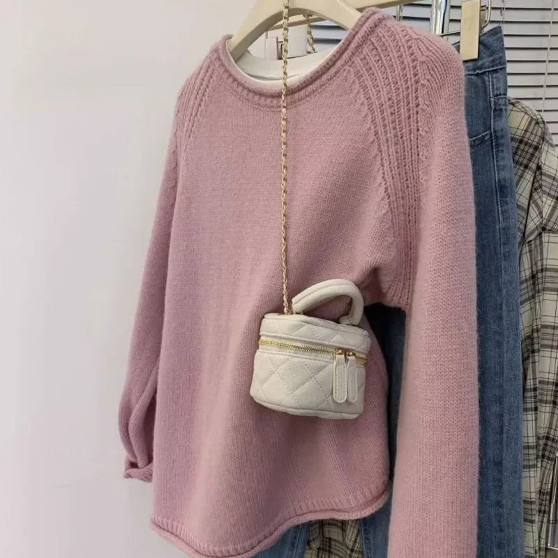 Korean rolled edge solid color pullover sweater for women gentle and loose knit top versatile and lazy soft and sticky sweater