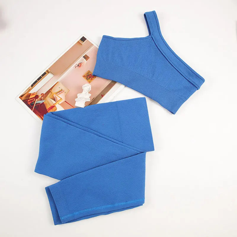 Women's Seamless Sports Set - Ribbed Yoga Suit with Unpadded Running Bra and Leggings