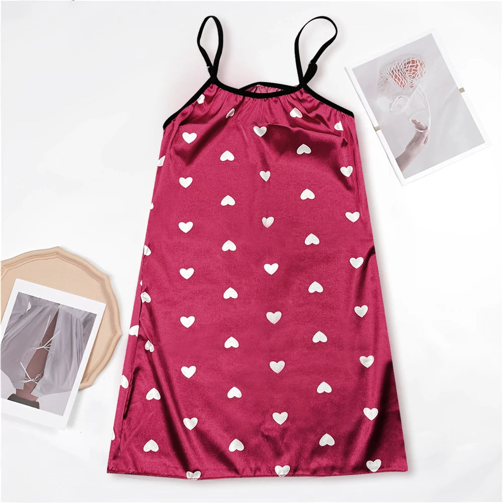 Sexy love print slip nightdress in imitation silk.