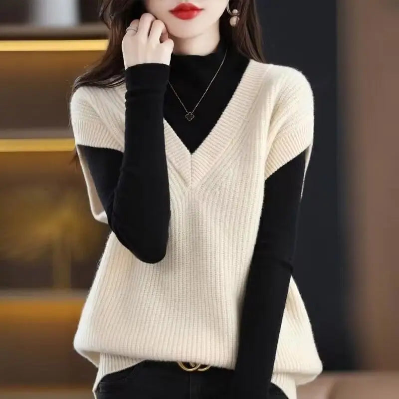 Autumn/Winter Women's V-Neck Knitted Vest - Loose Sleeveless Pullover