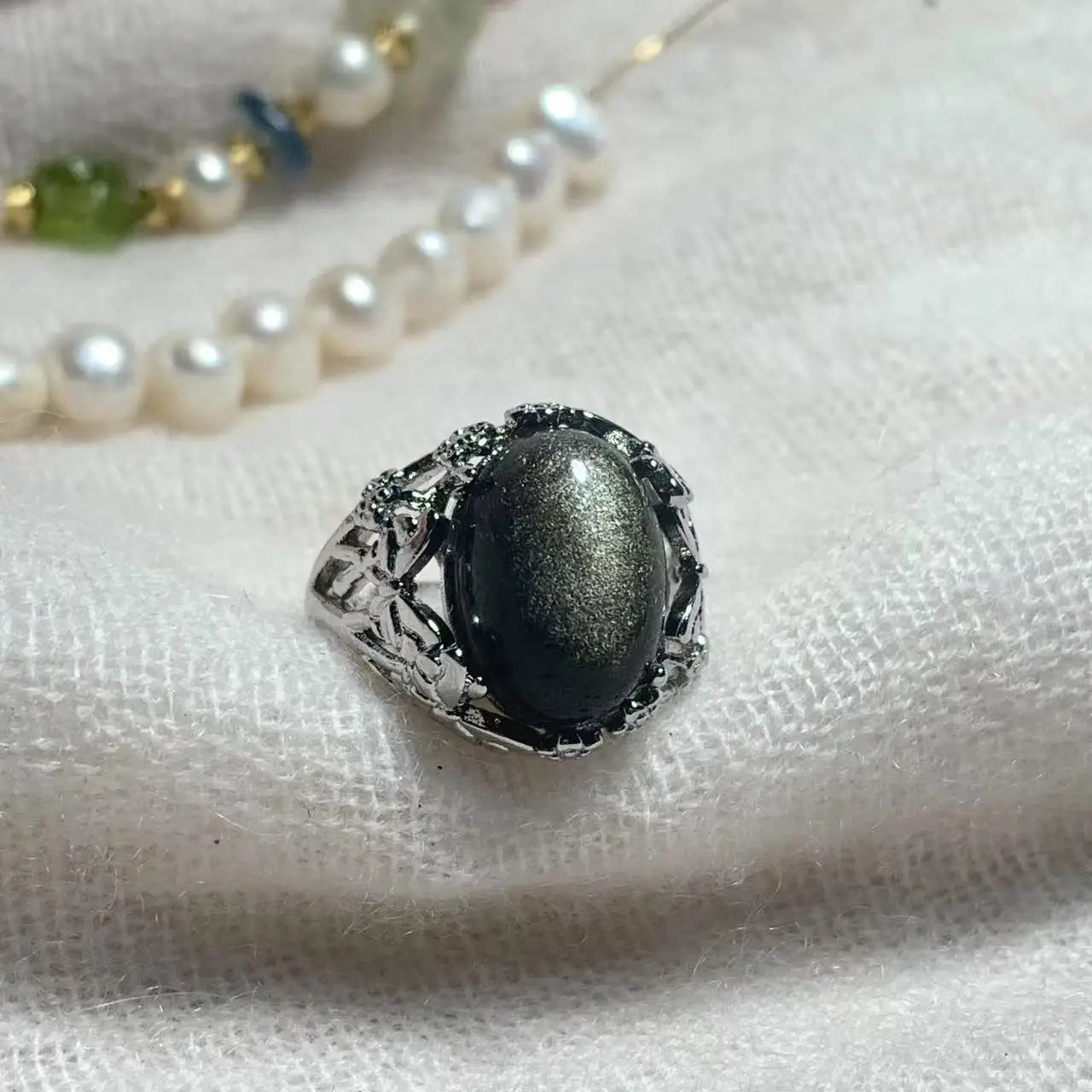Natural Obsidian Adjustable Ring – Vintage Gemstone Ring for Women