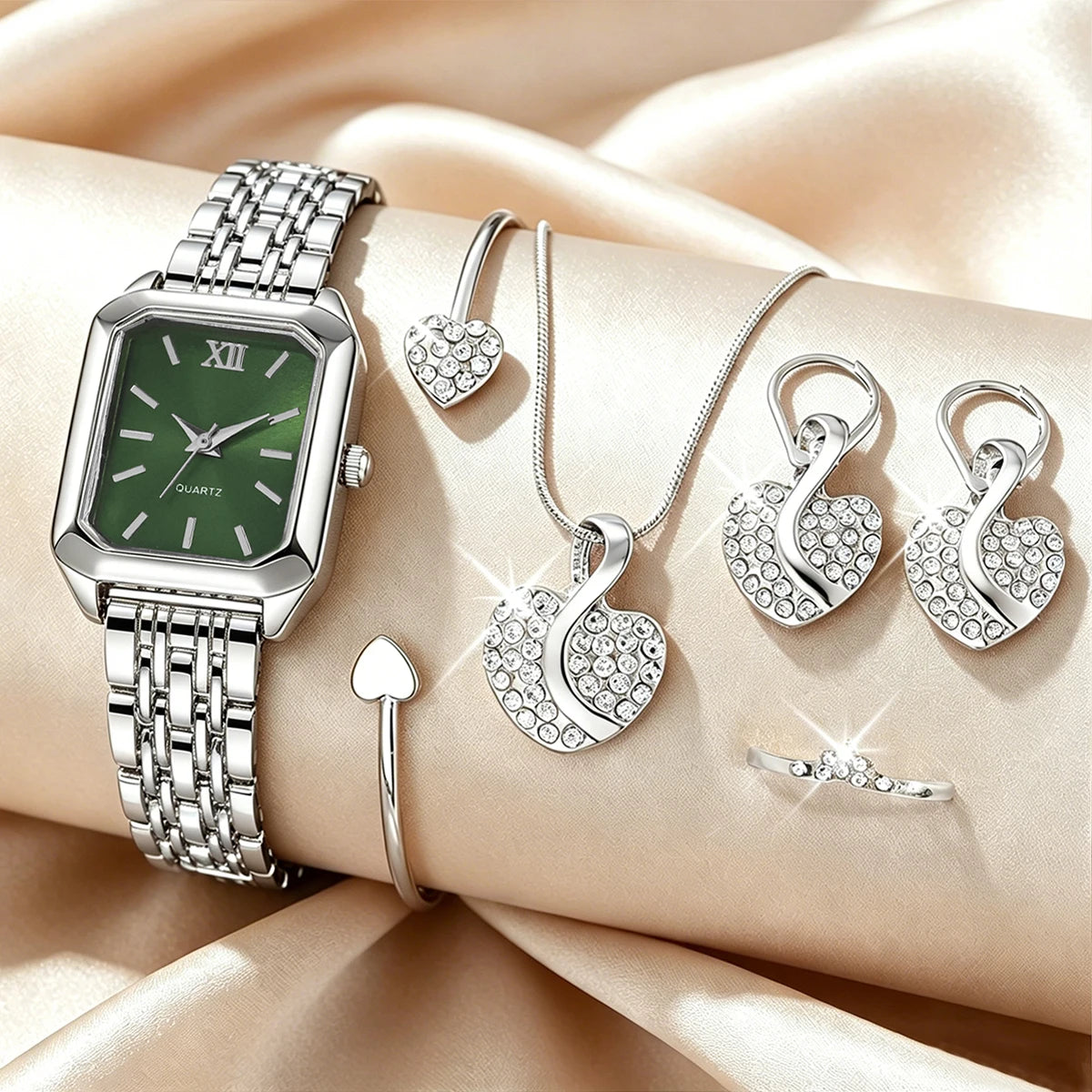 Elegant Rectangle Women's Quartz Watch & Rhinestone Heart Jewelry Set – 6PCS Ladies Wristwatch