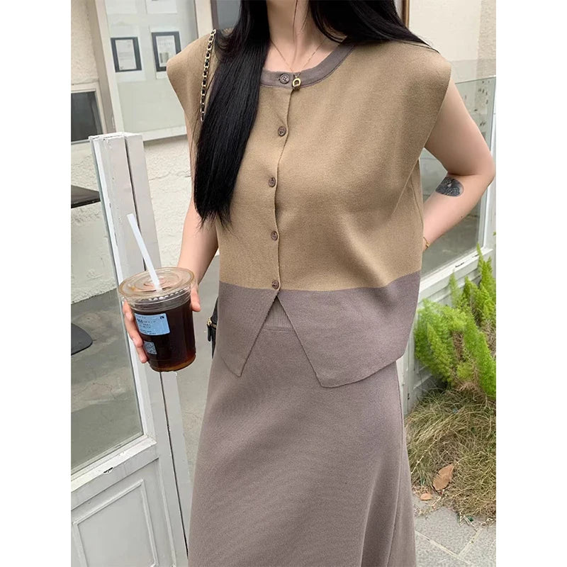 Elegant Office Two-Piece Knitted Set - Sleeveless Button Top & High-Waist Split Skirt