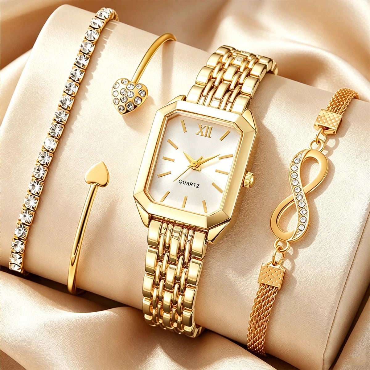 Elegant Rectangle Women's Quartz Watch & Rhinestone Bracelet Bangle Set – 4PCS Ladies Wristwatch