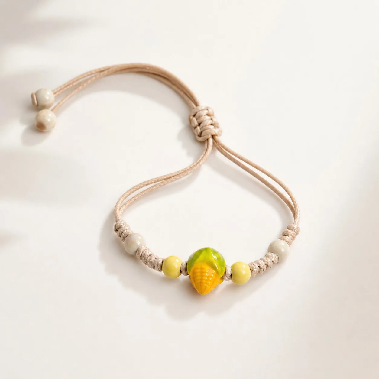 Handmade Ceramic Corn Charm Bracelet – Adjustable Wax Cord Boho Jewelry Gift for Women