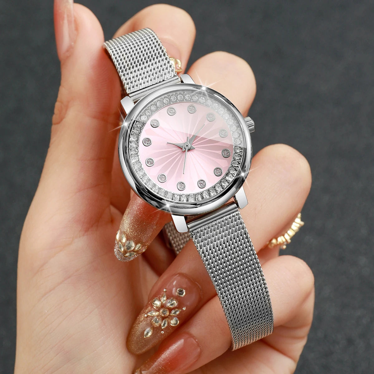Elegant Women's Rhinestone Quartz Watch – Silver Mesh Strap Dress Wristwatch