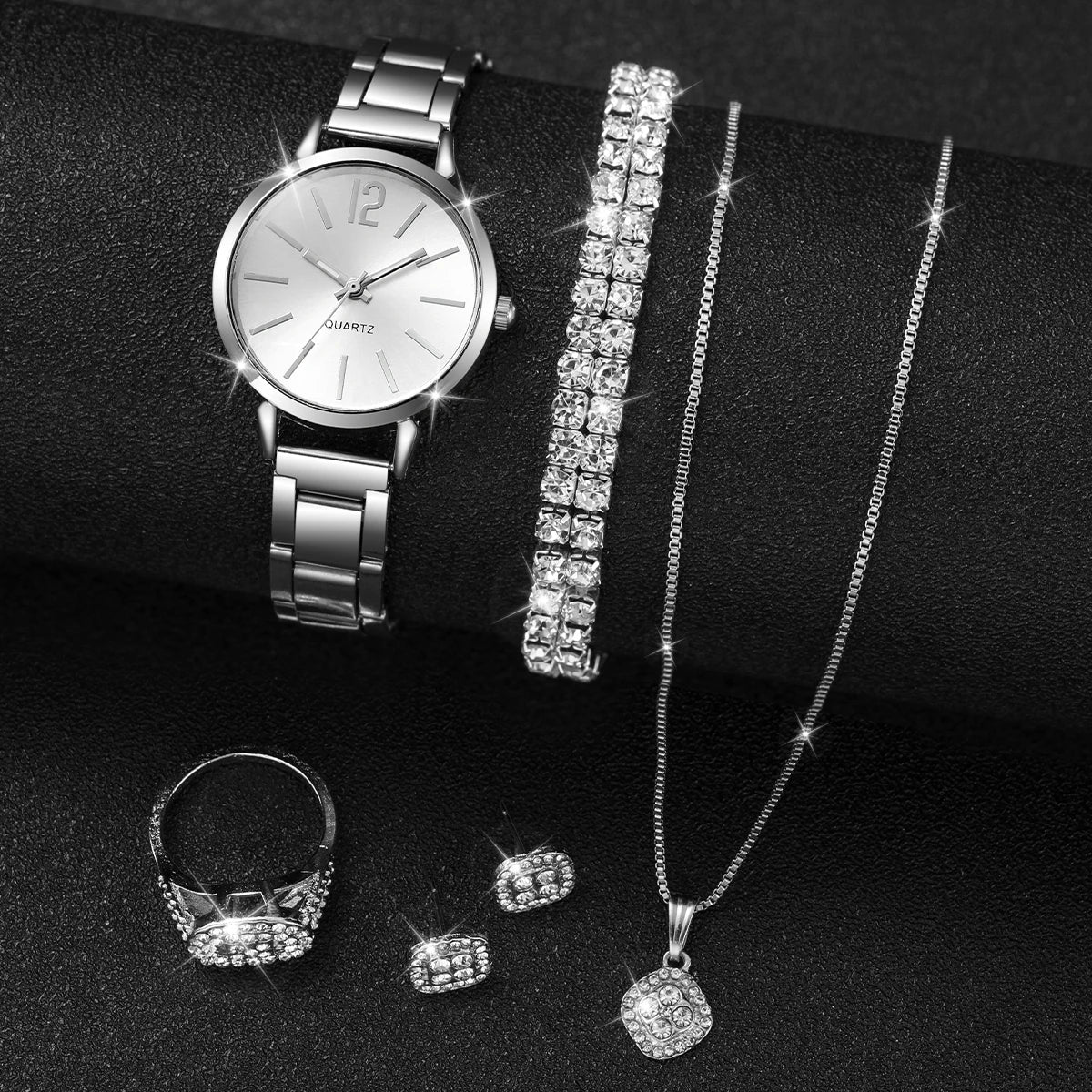 Women's Stainless Steel Quartz Watch & Diamond Jewelry Set – 6PCS Fashion Wristwatch