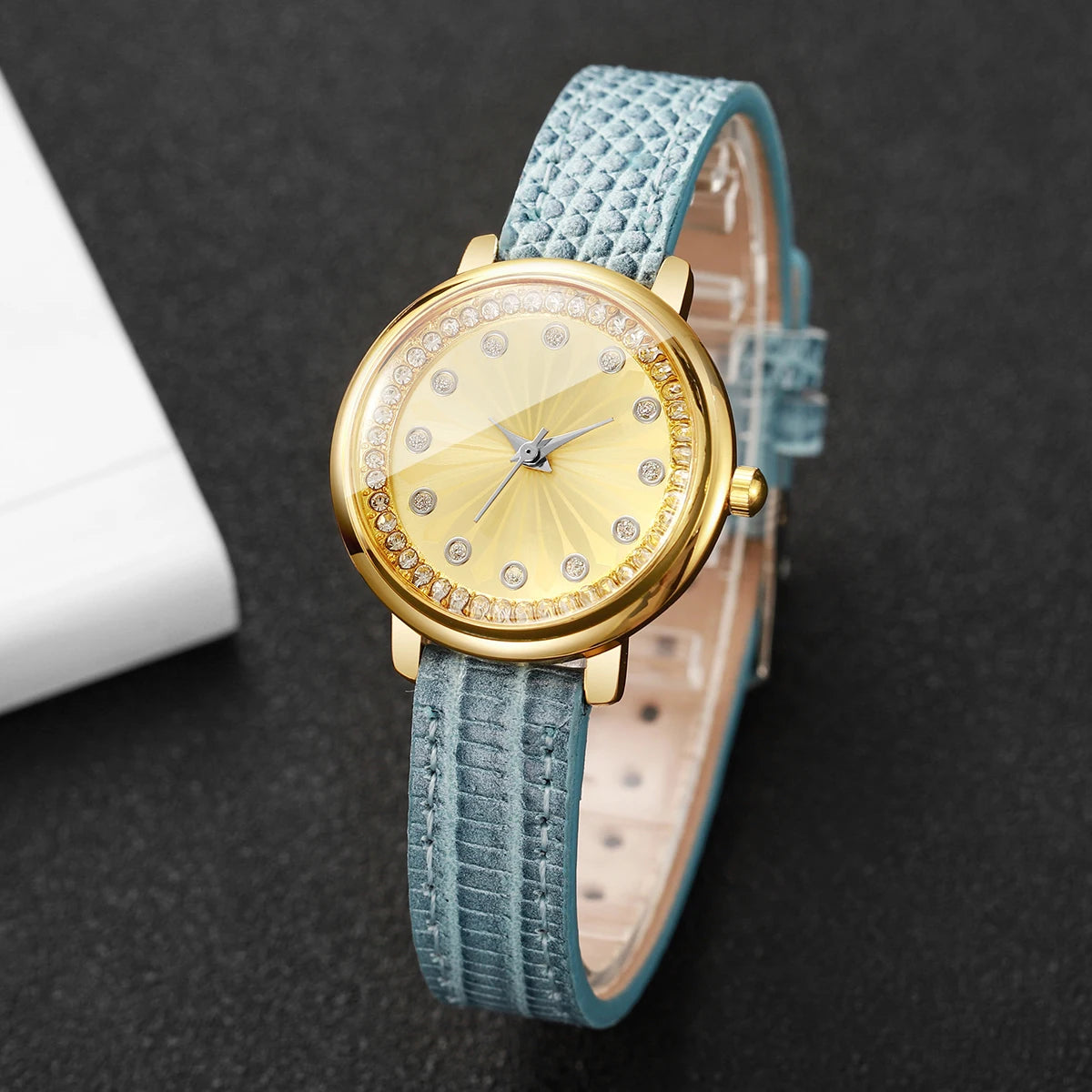 Elegant Women's Rhinestone Quartz Watch – Blue Leather Strap Ladies Wristwatch