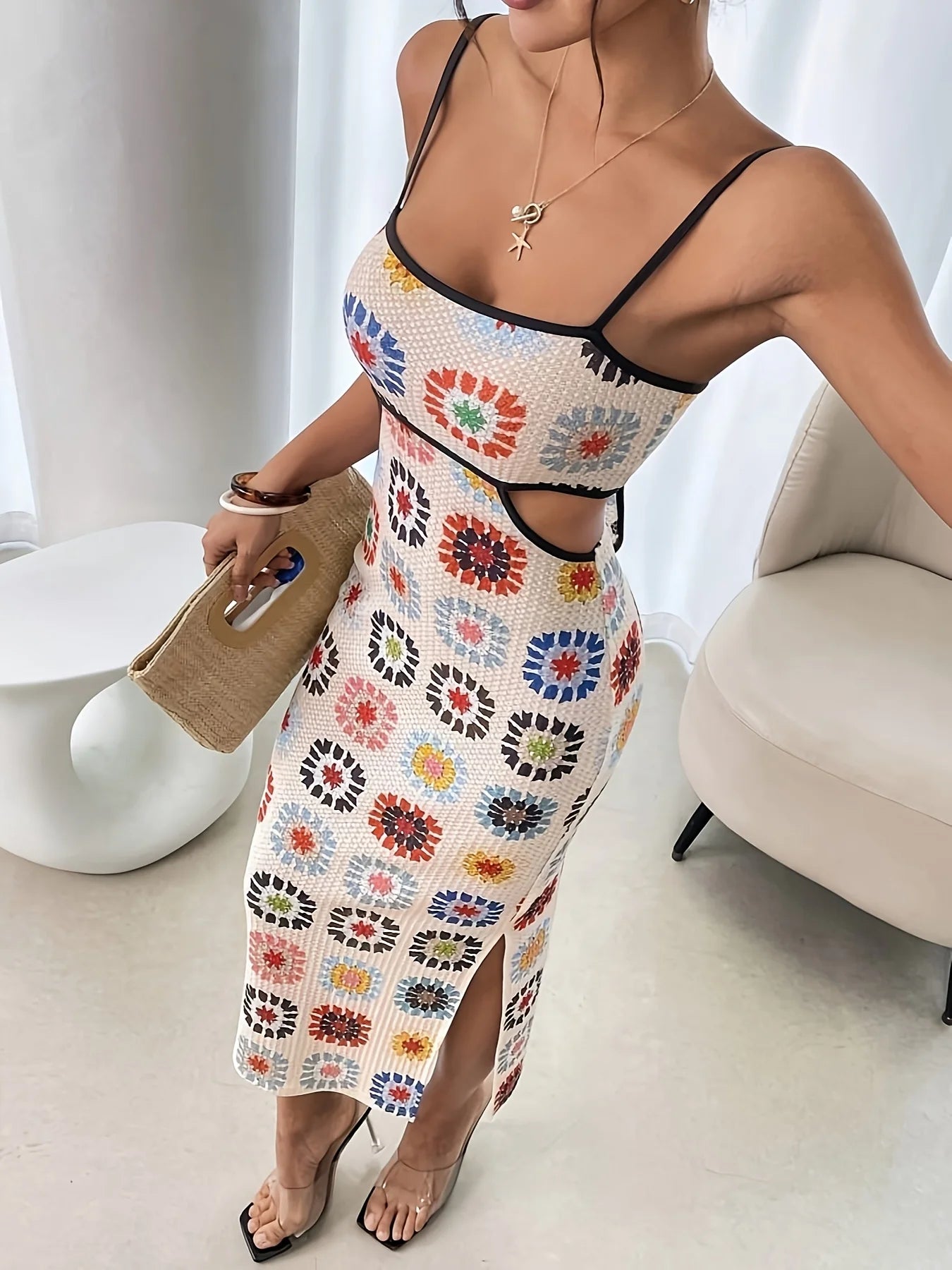 Women's Backless Floral Print Midi Dress - Sleeveless Bodycon Style