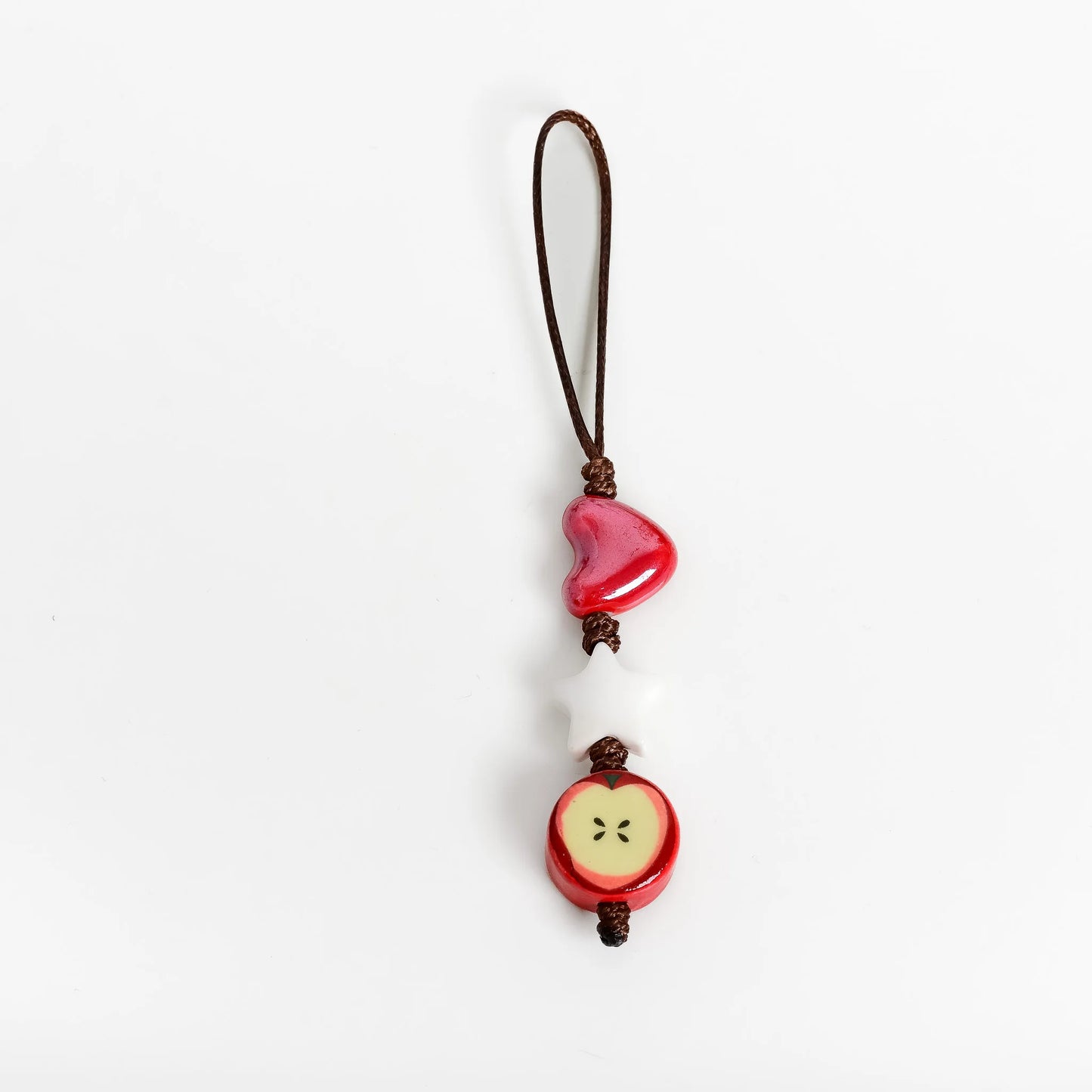 Handmade Ceramic Heart Star Apple Bag Charm – Braided Wax Cord Everyday Accessory