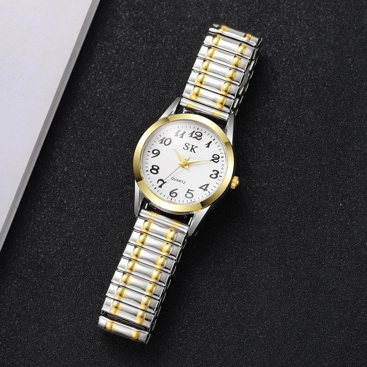 Elegant Elastic Strap Women's Quartz Watch – Small Arabic Dial Ladies Wristwatch Set