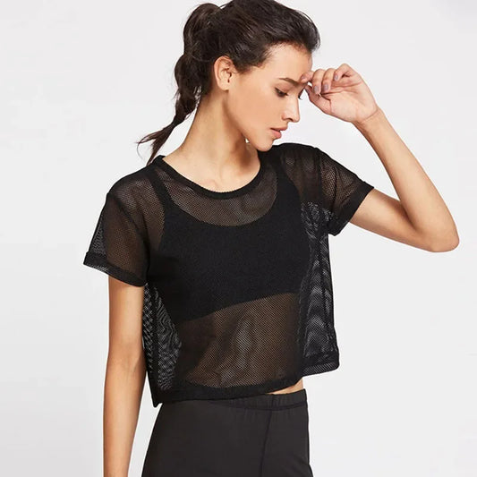 Quick-Dry Women’s Mesh Yoga Shirt, Sexy Short Sleeve, Comfortable for Workouts and Running