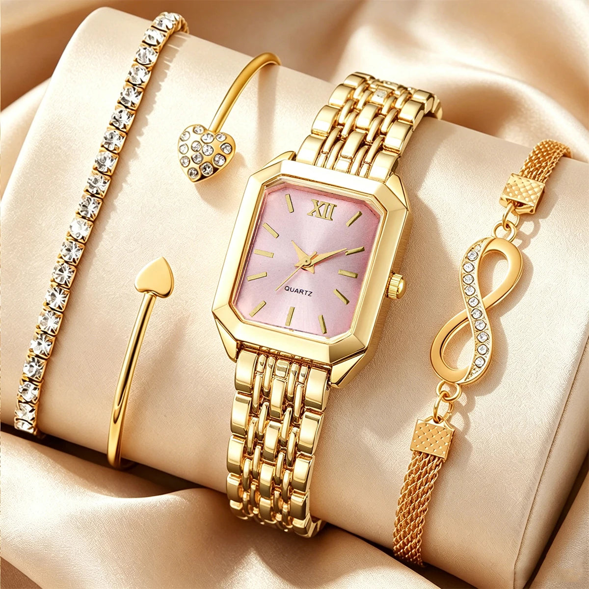 Elegant Rectangle Women's Quartz Watch & Rhinestone Bracelet Bangle Set – 4PCS Ladies Wristwatch