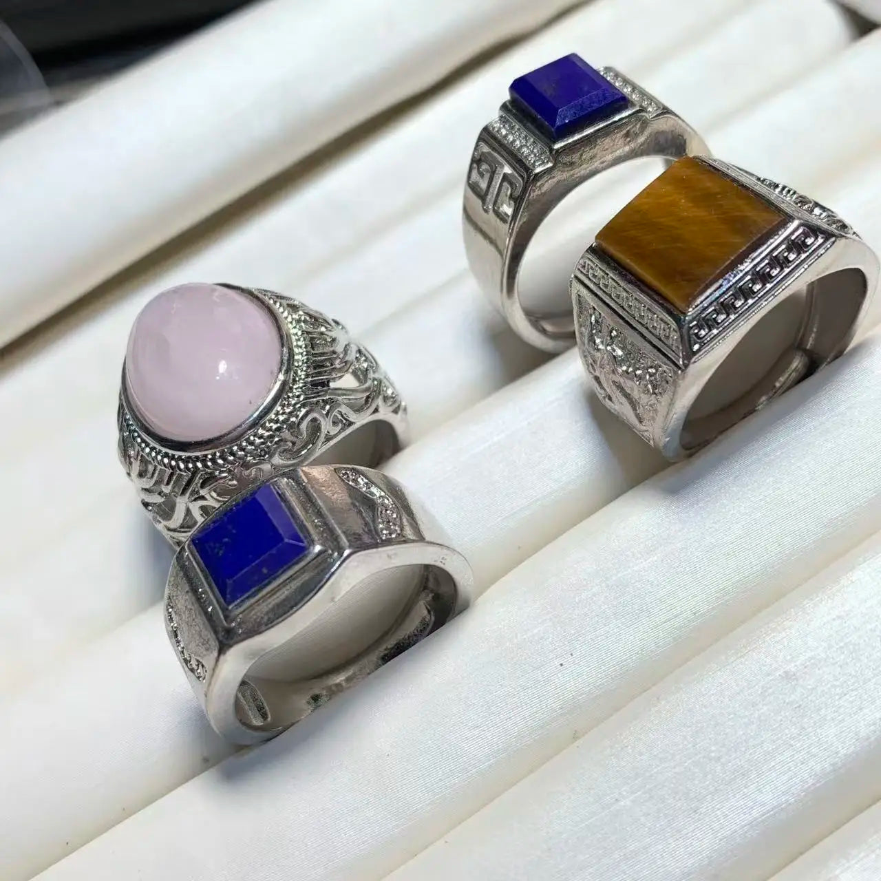 Natural Lapis & Tiger's Eye Ring – Adjustable Vintage Gemstone Ring for Men & Women