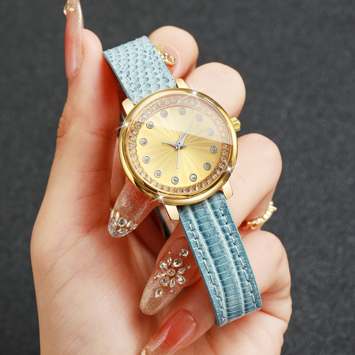 Elegant Women's Rhinestone Quartz Watch – Blue Leather Strap Ladies Wristwatch