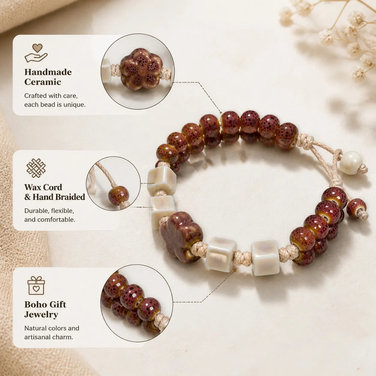 Handmade Ceramic Purple Flower Bead Bracelet – Glazed Charm Wax Cord Jewelry Gift