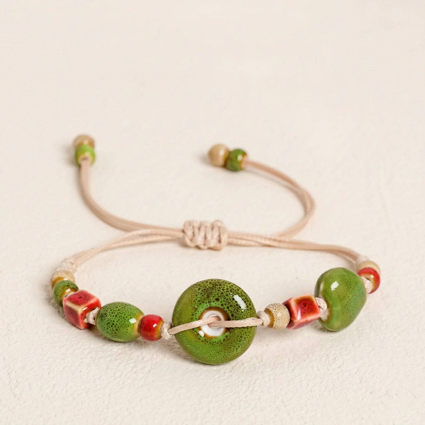 Handmade Ceramic Heart Button Bracelet – Adjustable Braided Cord Boho Jewelry for Women