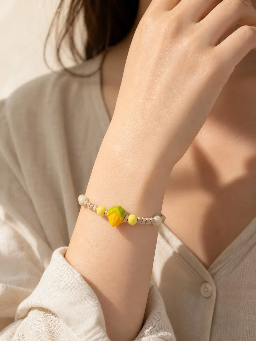 Handmade Ceramic Corn Charm Bracelet – Adjustable Wax Cord Boho Jewelry Gift for Women