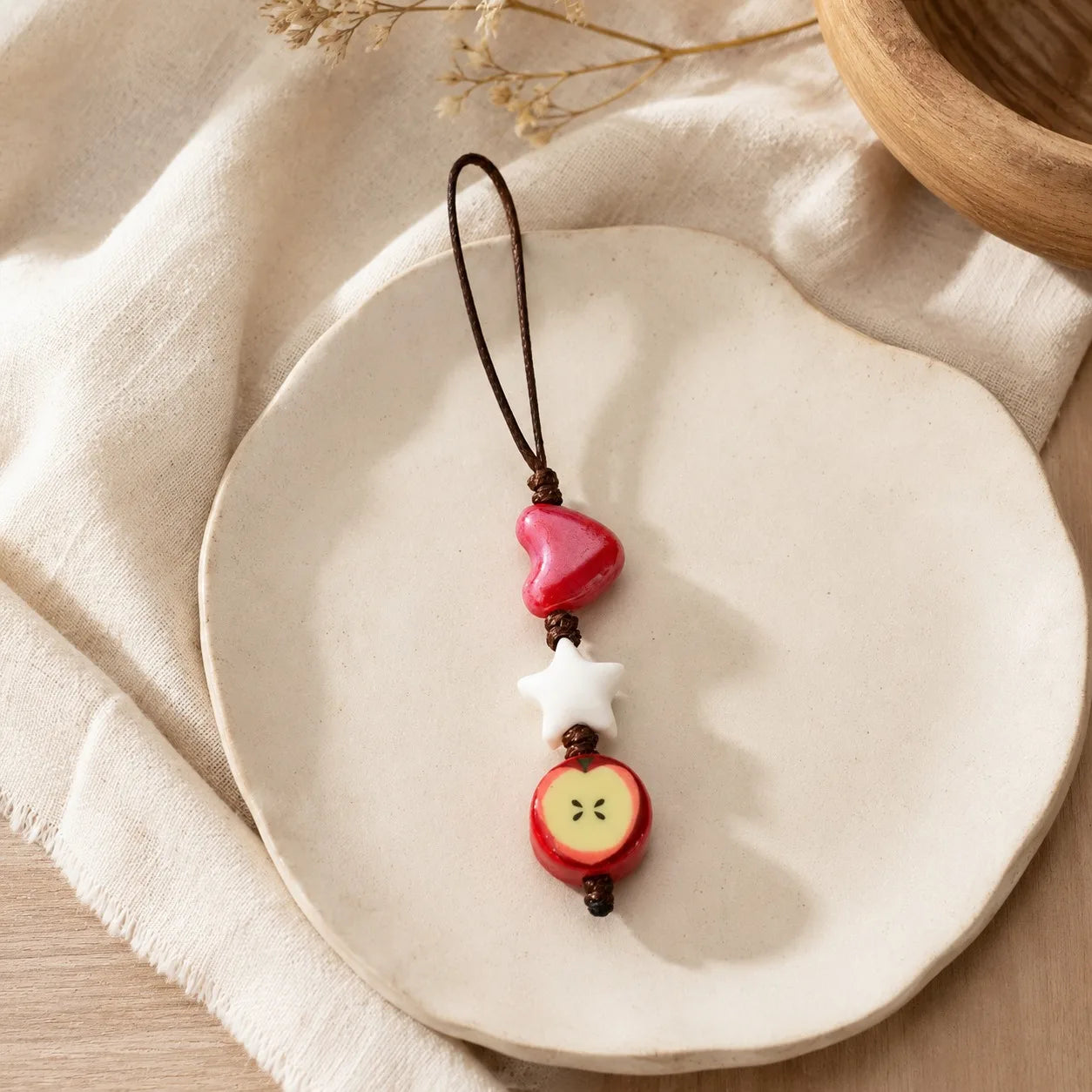Handmade Ceramic Heart Star Apple Bag Charm – Braided Wax Cord Everyday Accessory