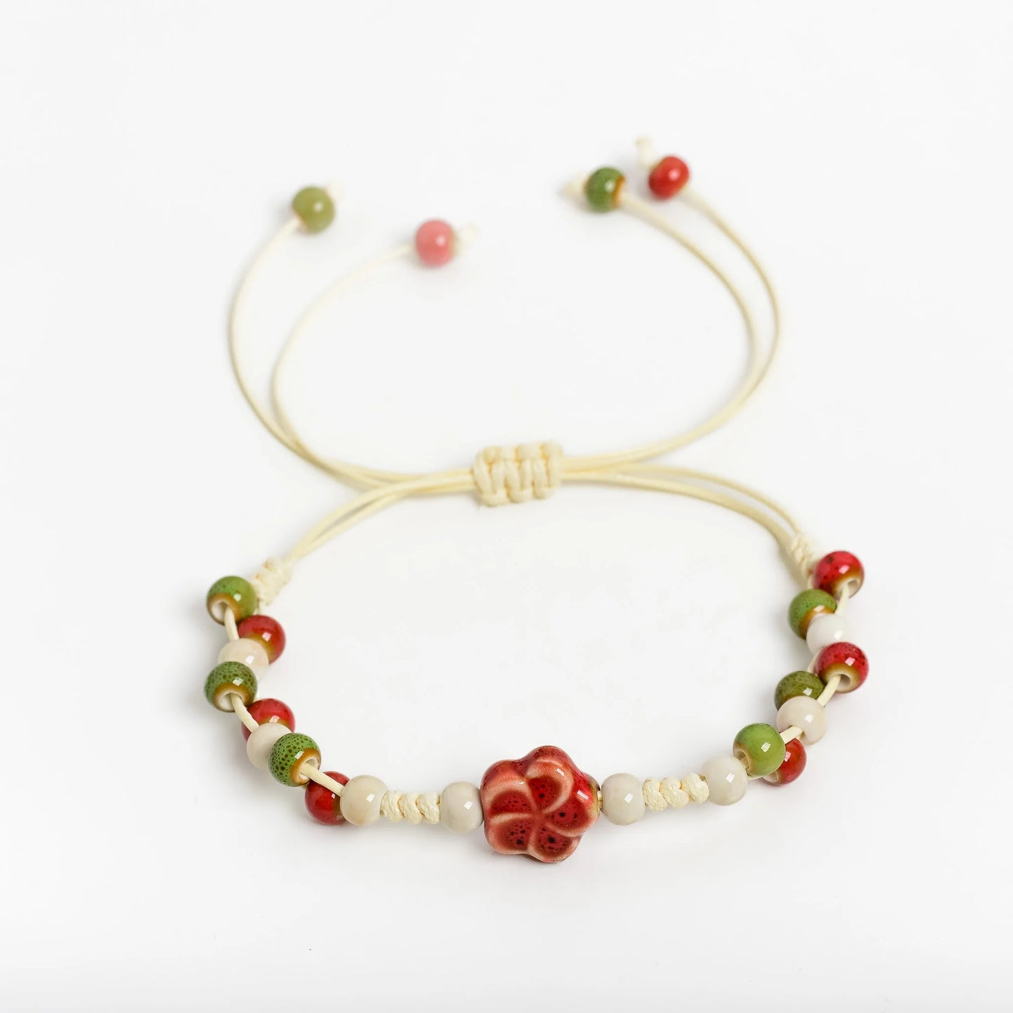 Handmade Ceramic Flower Bracelet – Adjustable Multicolor Beaded Wax Cord Jewelry Gift