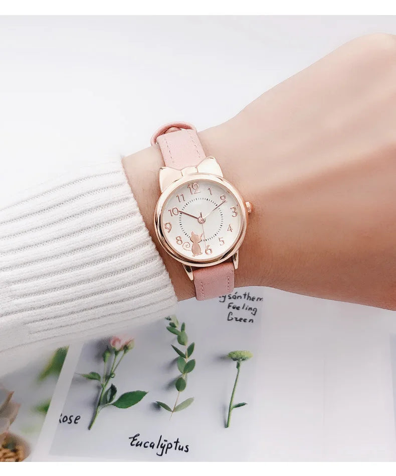 Kids' Cute Cat Cartoon Watch for Girls – Waterproof Quartz