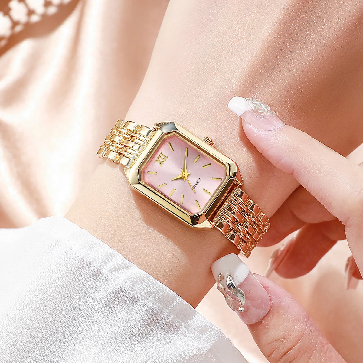 Elegant Rectangle Women's Quartz Watch & Rhinestone Jewelry Set – 6PCS Ladies Wristwatch