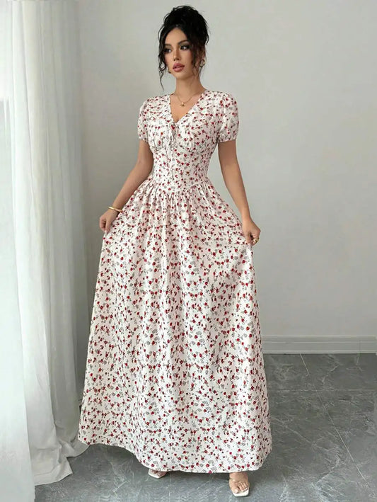 Women's Ditsy Floral Maxi Dress - Puff Sleeve Elastic Waist