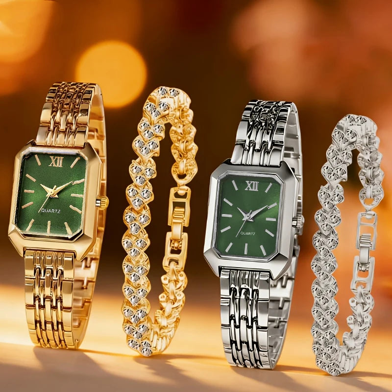 Elegant Rectangle Women's Quartz Watch & Heart Bracelet Set – 4PCS Ladies Wristwatch