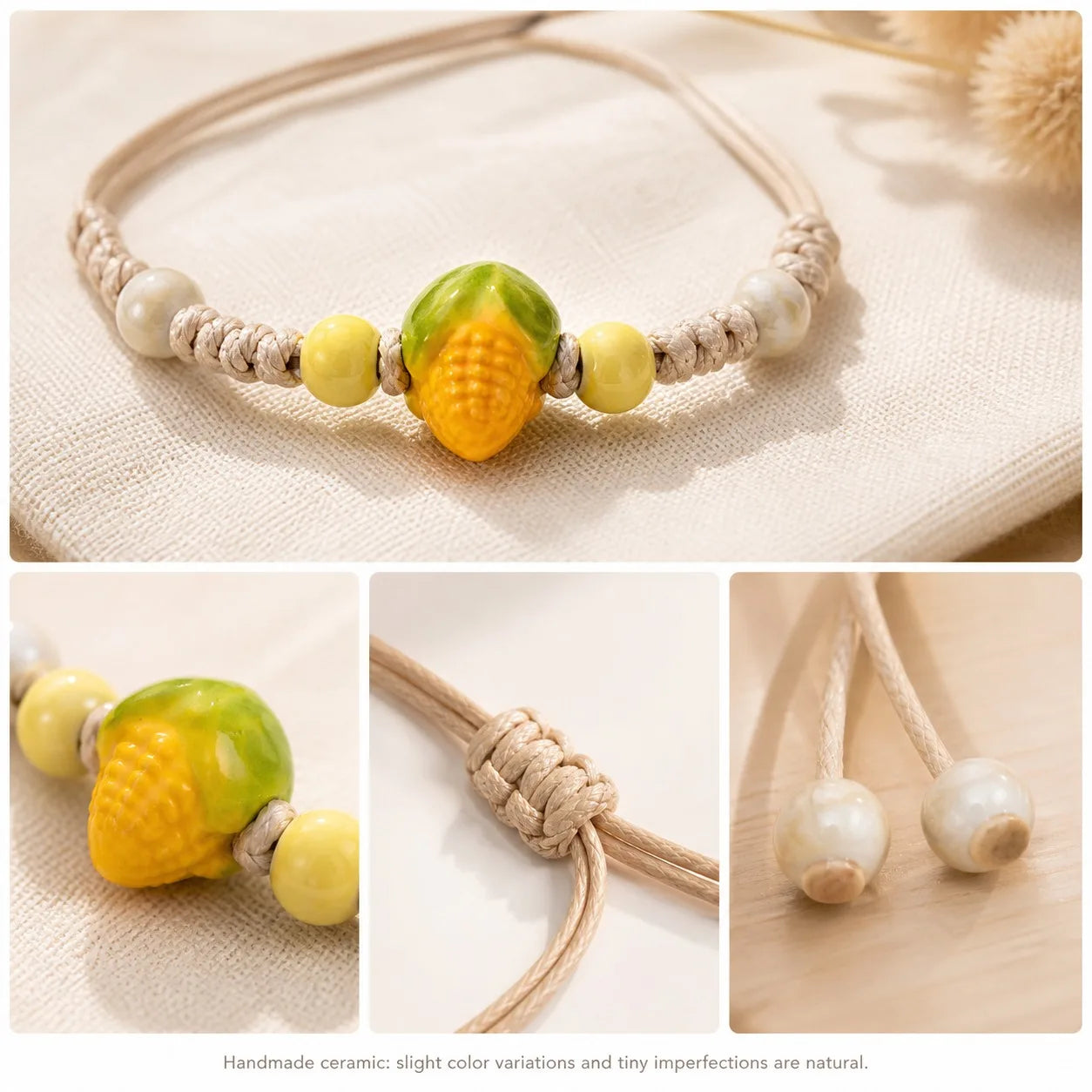 Handmade Ceramic Corn Charm Bracelet – Adjustable Wax Cord Boho Jewelry Gift for Women