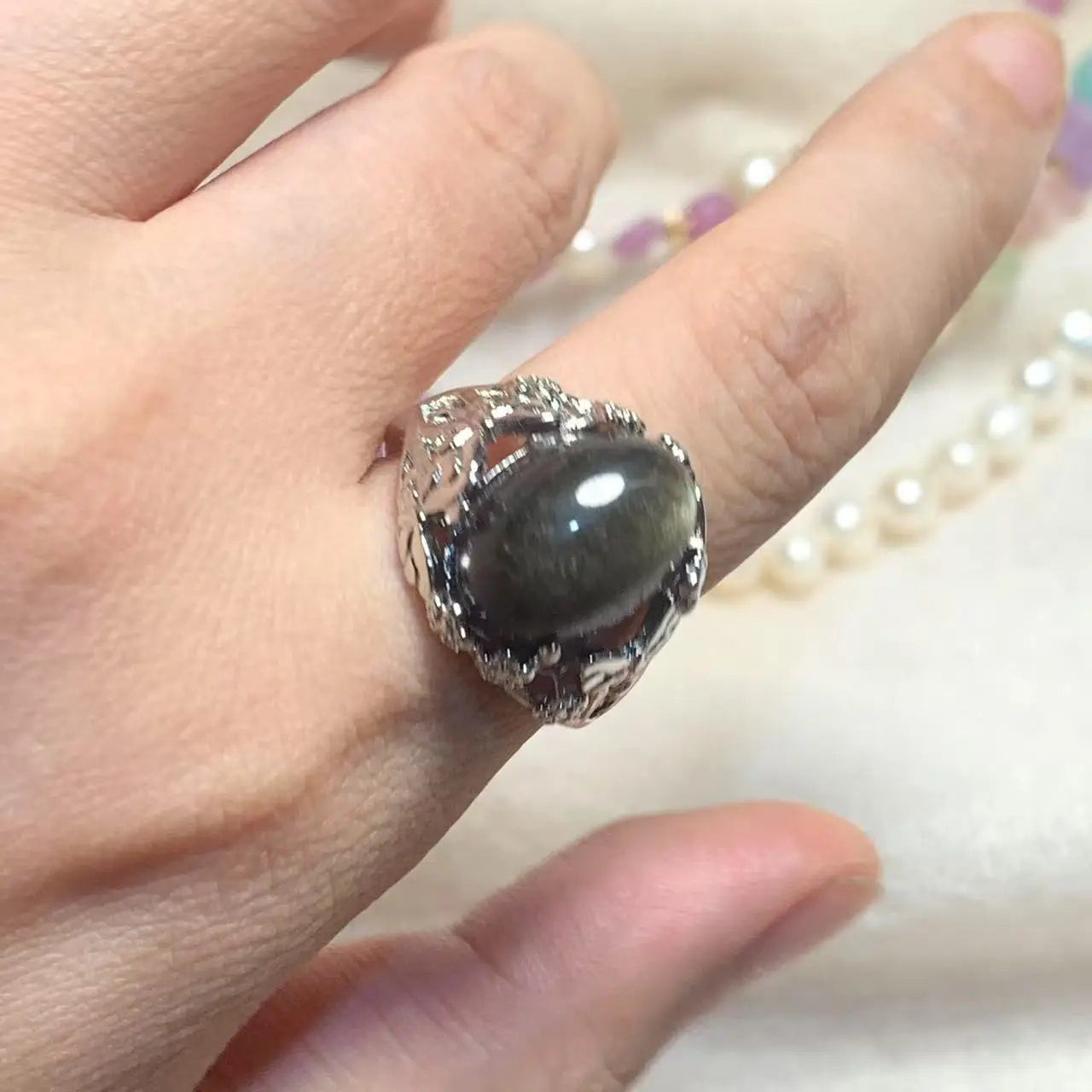 Natural Obsidian Adjustable Ring – Vintage Gemstone Ring for Women